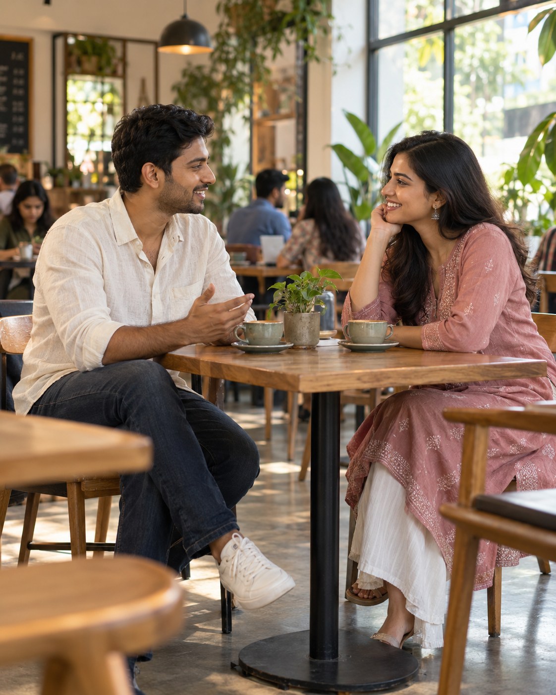 Illustrative scene of an Indian man and woman chatting over coffee in a public cafe